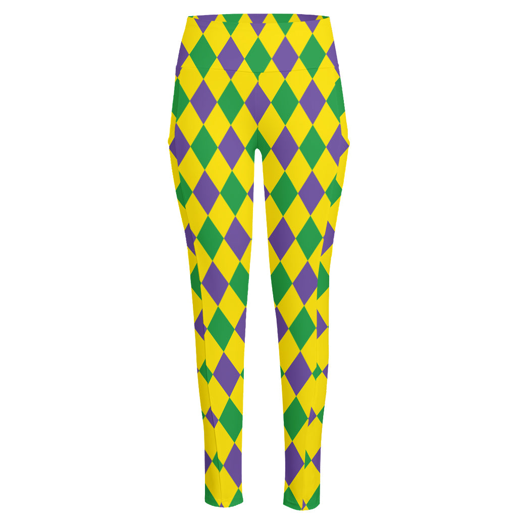 Harlequin Mardi Gras Pattern Print High-Waisted Pocket Leggings