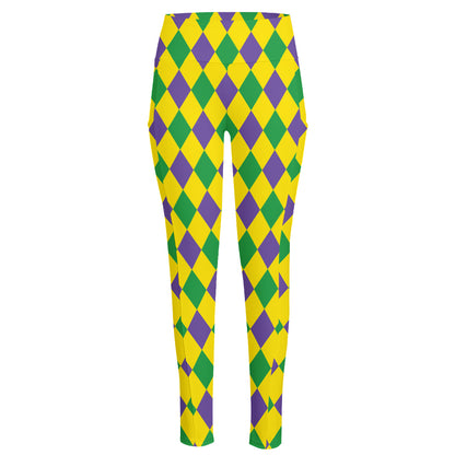 Harlequin Mardi Gras Pattern Print High-Waisted Pocket Leggings