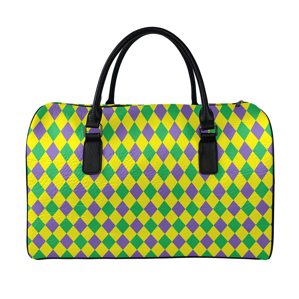 Harlequin Mardi Gras Pattern Print Leather Duffle Bag