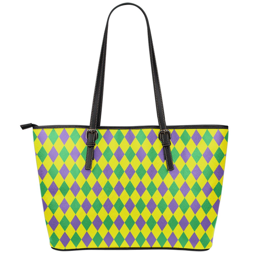 Harlequin Mardi Gras Pattern Print Leather Tote Bag