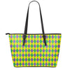 Harlequin Mardi Gras Pattern Print Leather Tote Bag