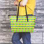 Harlequin Mardi Gras Pattern Print Leather Tote Bag