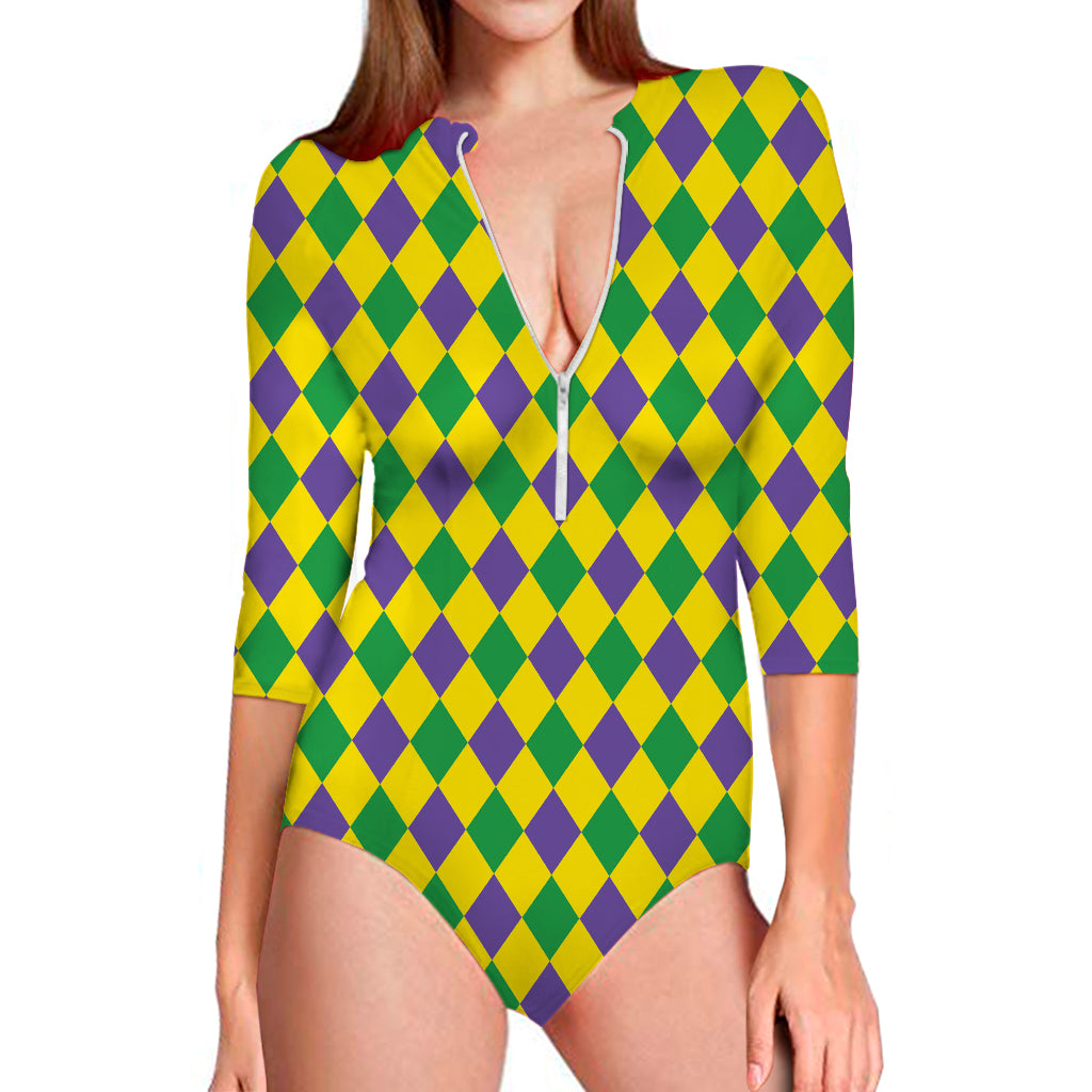 Harlequin Mardi Gras Pattern Print Long Sleeve Swimsuit