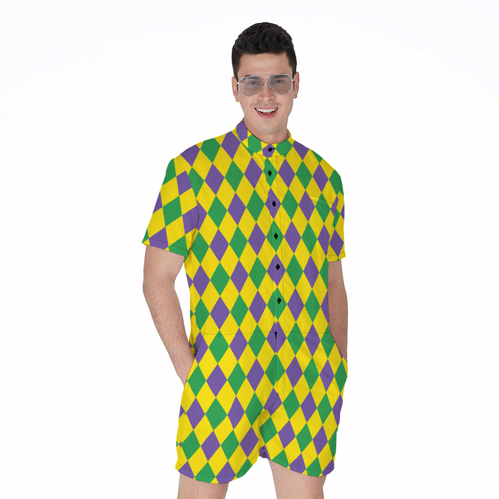 Harlequin Mardi Gras Pattern Print Men's Rompers