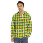 Harlequin Mardi Gras Pattern Print Men's Velvet Pullover Hoodie