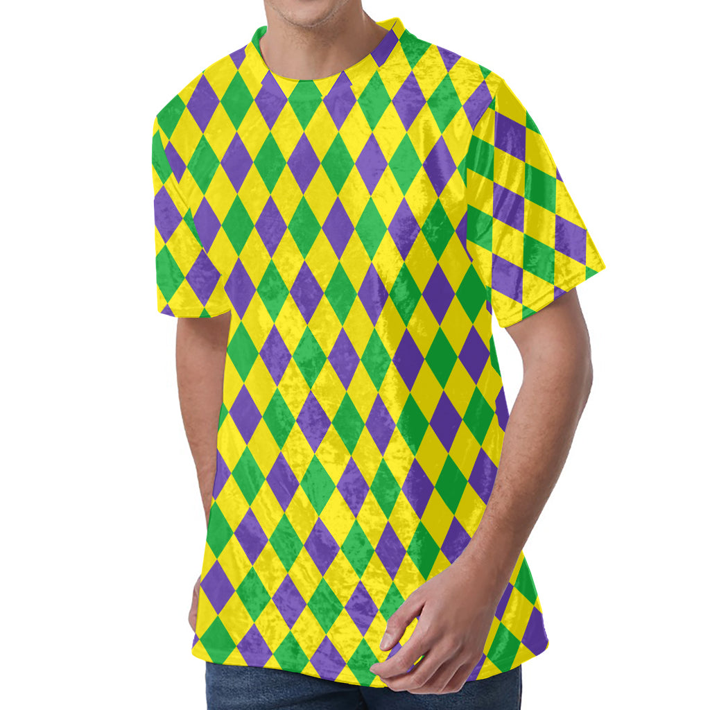 Harlequin Mardi Gras Pattern Print Men's Velvet T-Shirt