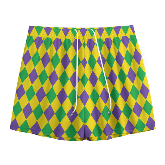 Harlequin Mardi Gras Pattern Print Mesh Shorts