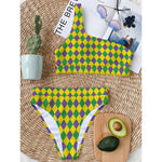 Harlequin Mardi Gras Pattern Print One Shoulder Bikini Top