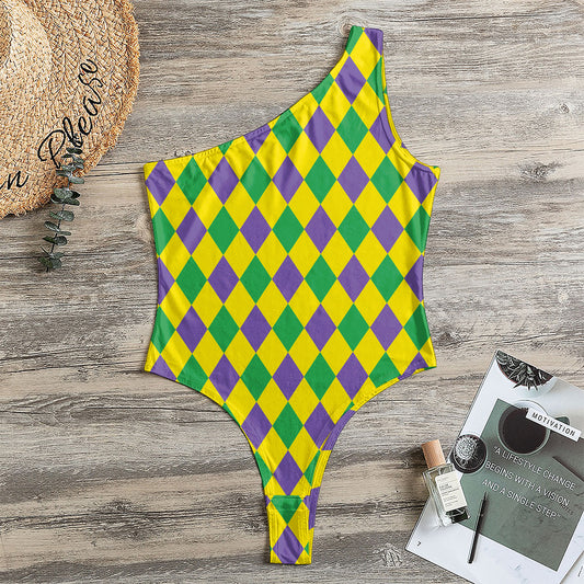 Harlequin Mardi Gras Pattern Print One Shoulder Bodysuit