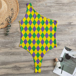 Harlequin Mardi Gras Pattern Print One Shoulder Bodysuit