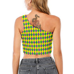 Harlequin Mardi Gras Pattern Print One Shoulder Crop Top