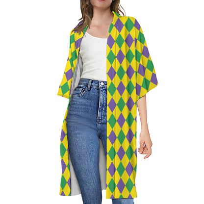 Harlequin Mardi Gras Pattern Print Open Front Beach Cover Up