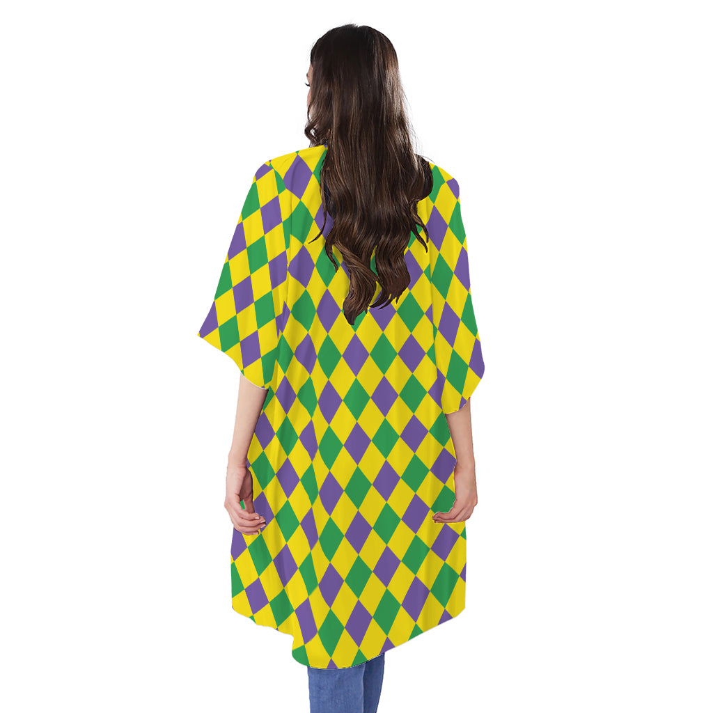 Harlequin Mardi Gras Pattern Print Open Front Beach Cover Up