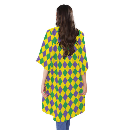 Harlequin Mardi Gras Pattern Print Open Front Beach Cover Up