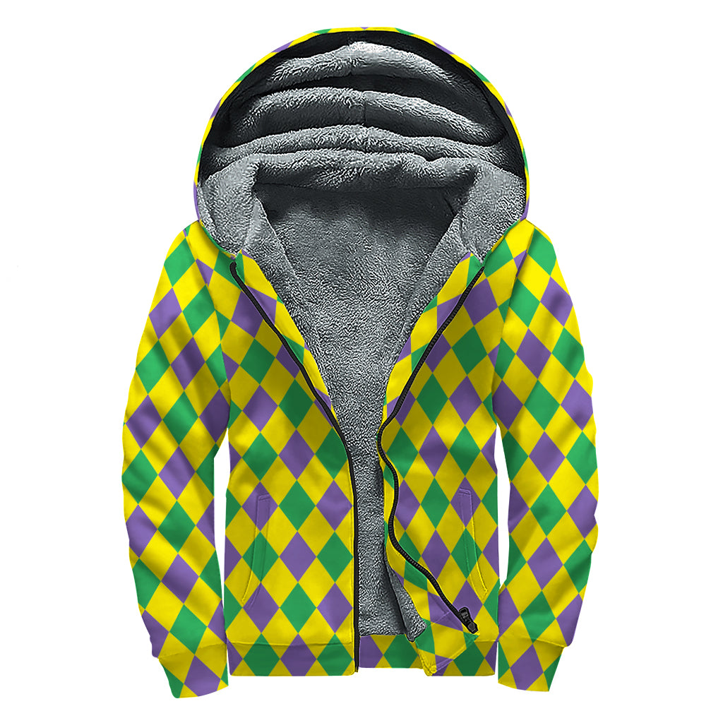 Harlequin Mardi Gras Pattern Print Sherpa Lined Zip Up Hoodie