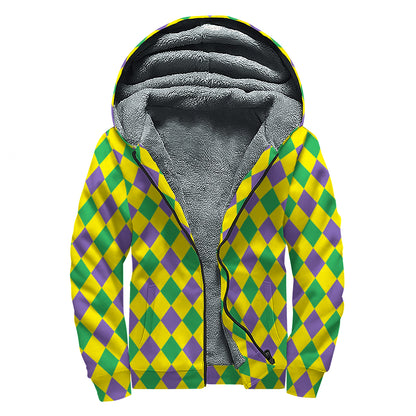 Harlequin Mardi Gras Pattern Print Sherpa Lined Zip Up Hoodie