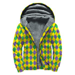 Harlequin Mardi Gras Pattern Print Sherpa Lined Zip Up Hoodie