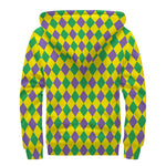 Harlequin Mardi Gras Pattern Print Sherpa Lined Zip Up Hoodie