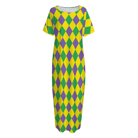 Harlequin Mardi Gras Pattern Print Short Sleeve Long Nightdress