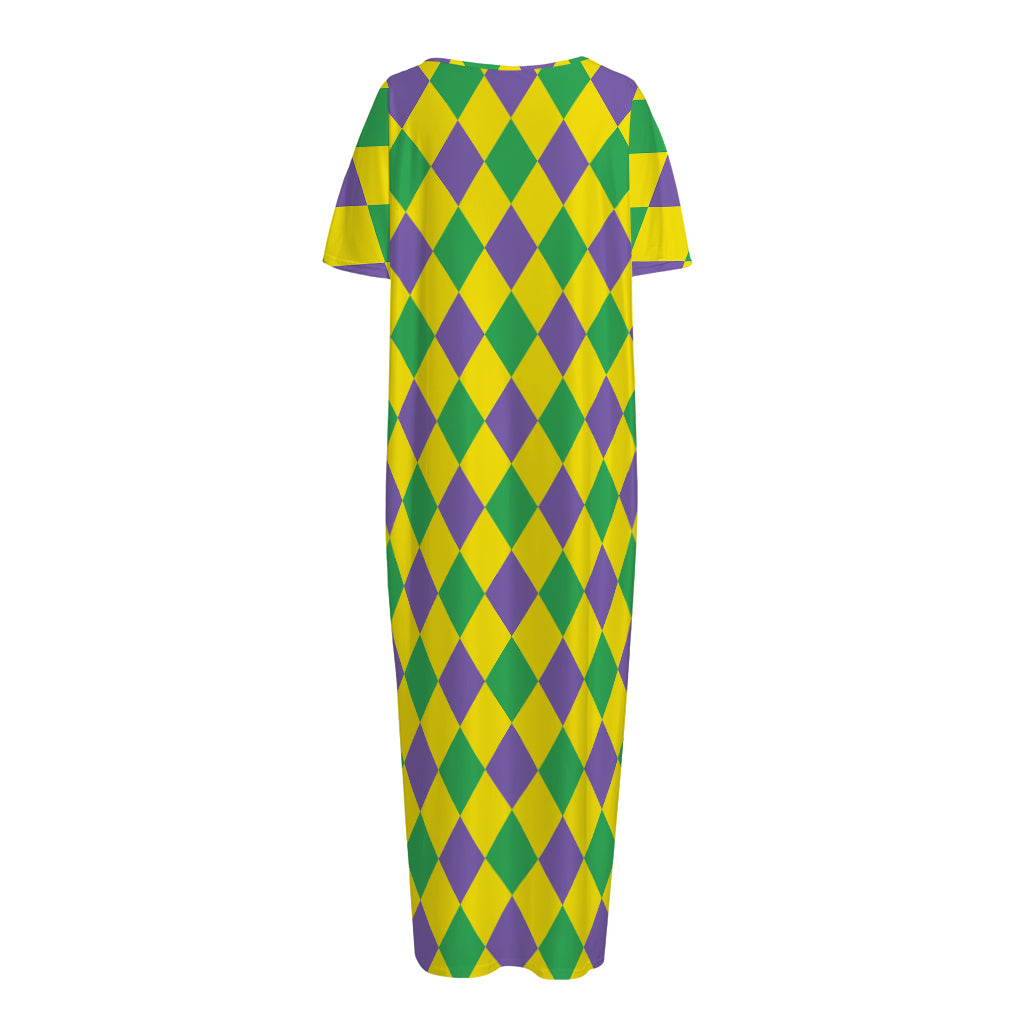 Harlequin Mardi Gras Pattern Print Short Sleeve Long Nightdress