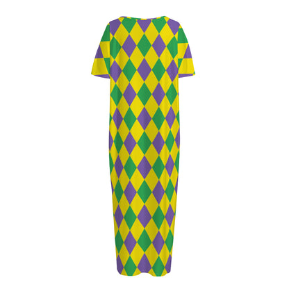Harlequin Mardi Gras Pattern Print Short Sleeve Long Nightdress