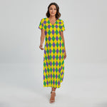 Harlequin Mardi Gras Pattern Print Short Sleeve Maxi Dress