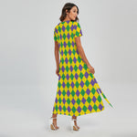 Harlequin Mardi Gras Pattern Print Short Sleeve Maxi Dress