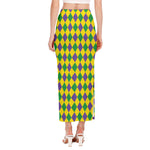 Harlequin Mardi Gras Pattern Print Side Slit Maxi Skirt