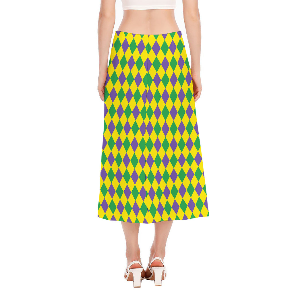 Harlequin Mardi Gras Pattern Print Side Slit Midi Skirt