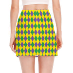 Harlequin Mardi Gras Pattern Print Side Slit Mini Skirt