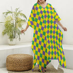 Harlequin Mardi Gras Pattern Print Silk V-Neck Kaftan Dress