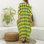 Harlequin Mardi Gras Pattern Print Silk V-Neck Kaftan Dress