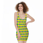 Harlequin Mardi Gras Pattern Print Sleeveless Bodycon Dress