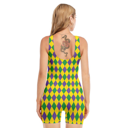 Harlequin Mardi Gras Pattern Print Sleeveless One Piece Swimsuit
