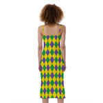 Harlequin Mardi Gras Pattern Print Slim Fit Midi Cami Dress
