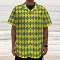 Harlequin Mardi Gras Pattern Print Textured Short Sleeve Shirt