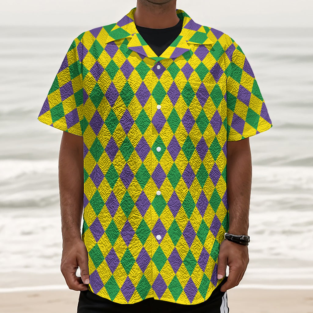 Harlequin Mardi Gras Pattern Print Textured Short Sleeve Shirt