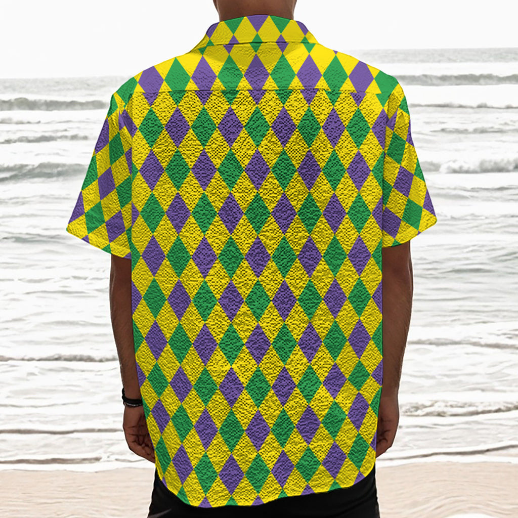 Harlequin Mardi Gras Pattern Print Textured Short Sleeve Shirt