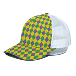 Harlequin Mardi Gras Pattern Print White Mesh Trucker Cap