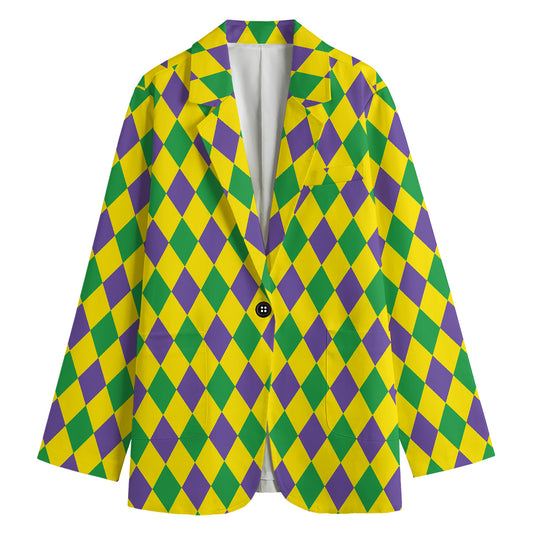 Harlequin Mardi Gras Pattern Print Women's Cotton Blazer