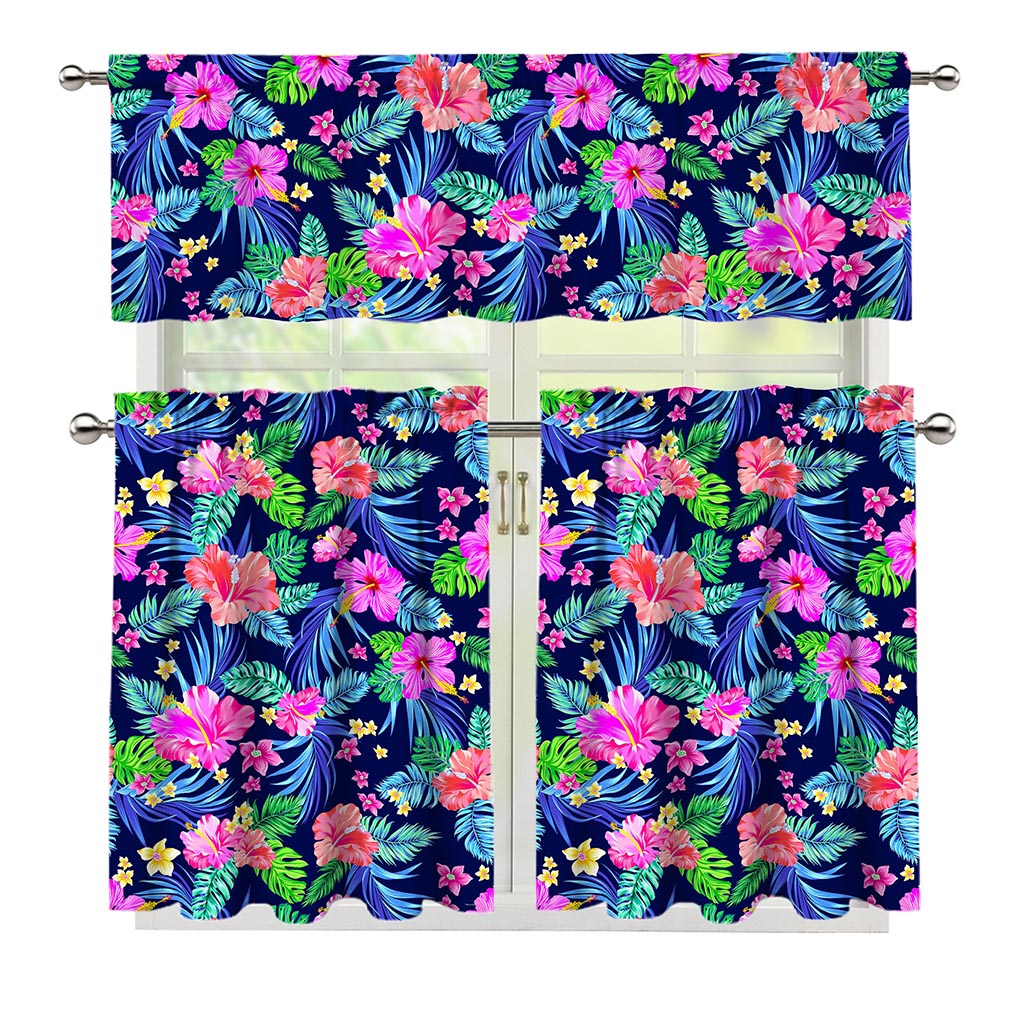 Hawaii Exotic Flowers Pattern Print 3 Piece Kitchen Curtains