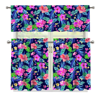 Hawaii Exotic Flowers Pattern Print 3 Piece Kitchen Curtains