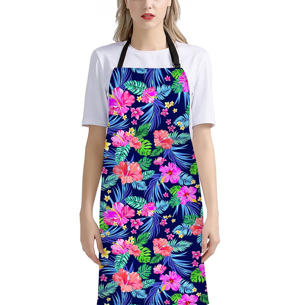 Hawaii Exotic Flowers Pattern Print Bib Apron With Pocket