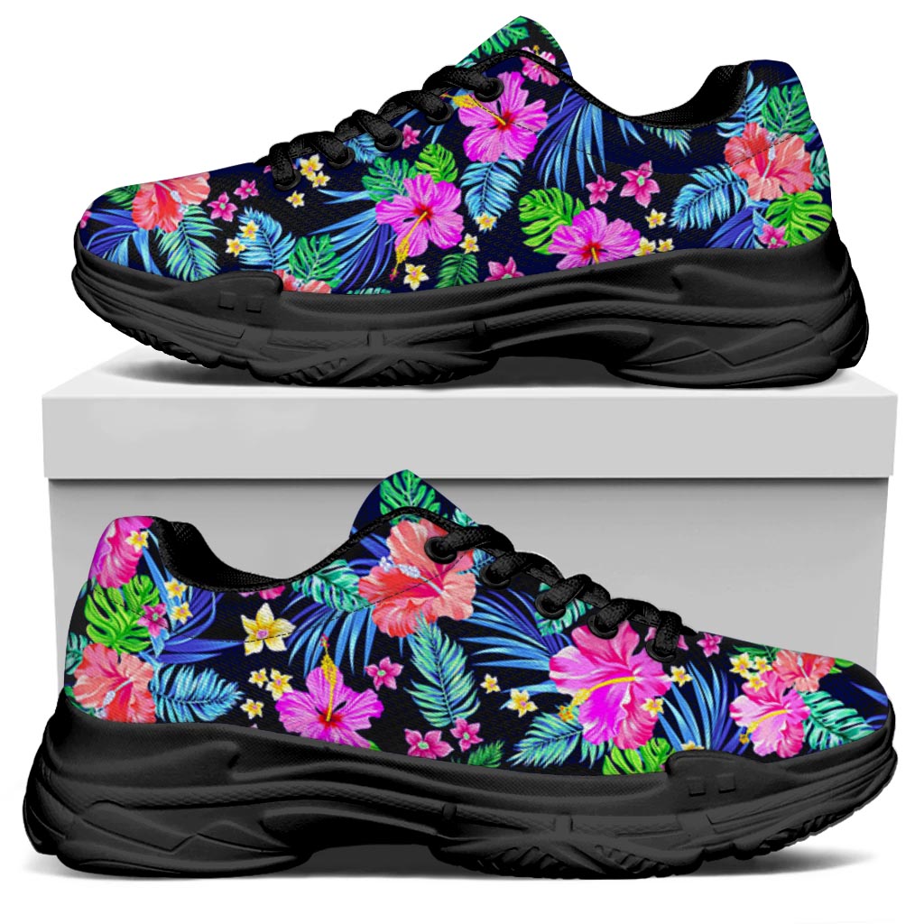 Hawaii Exotic Flowers Pattern Print Black Chunky Shoes