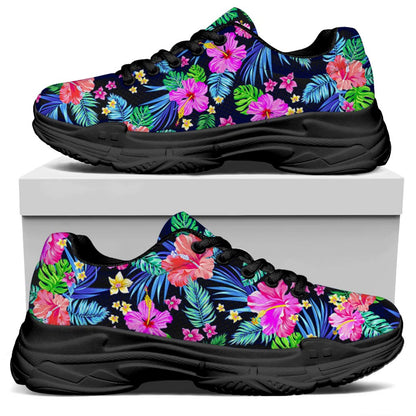 Hawaii Exotic Flowers Pattern Print Black Chunky Shoes