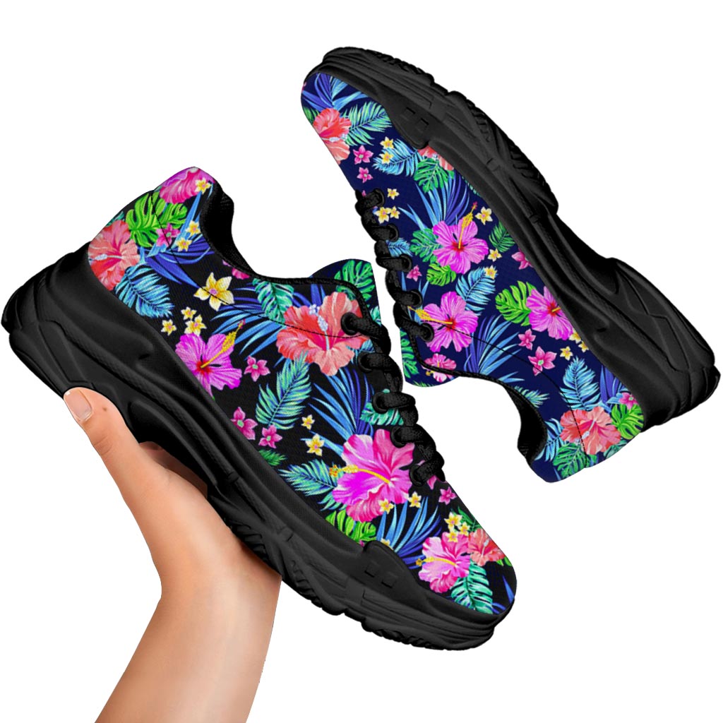 Hawaii Exotic Flowers Pattern Print Black Chunky Shoes