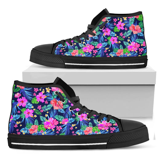 Hawaii Exotic Flowers Pattern Print Black High Top Sneakers