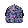 Hawaii Exotic Flowers Pattern Print Black Mesh Trucker Hat