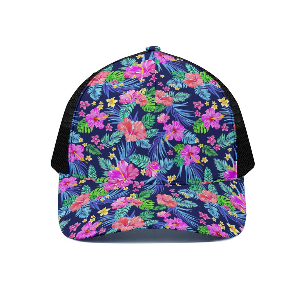 Hawaii Exotic Flowers Pattern Print Black Mesh Trucker Cap