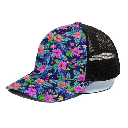 Hawaii Exotic Flowers Pattern Print Black Mesh Trucker Cap
